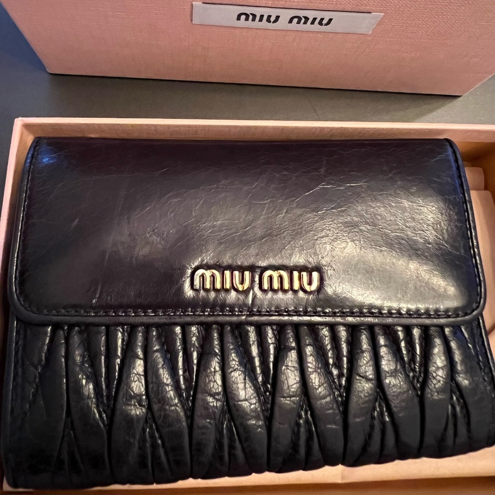 Miu Miu Black Matelasse Leather Flap Compact Wallet
